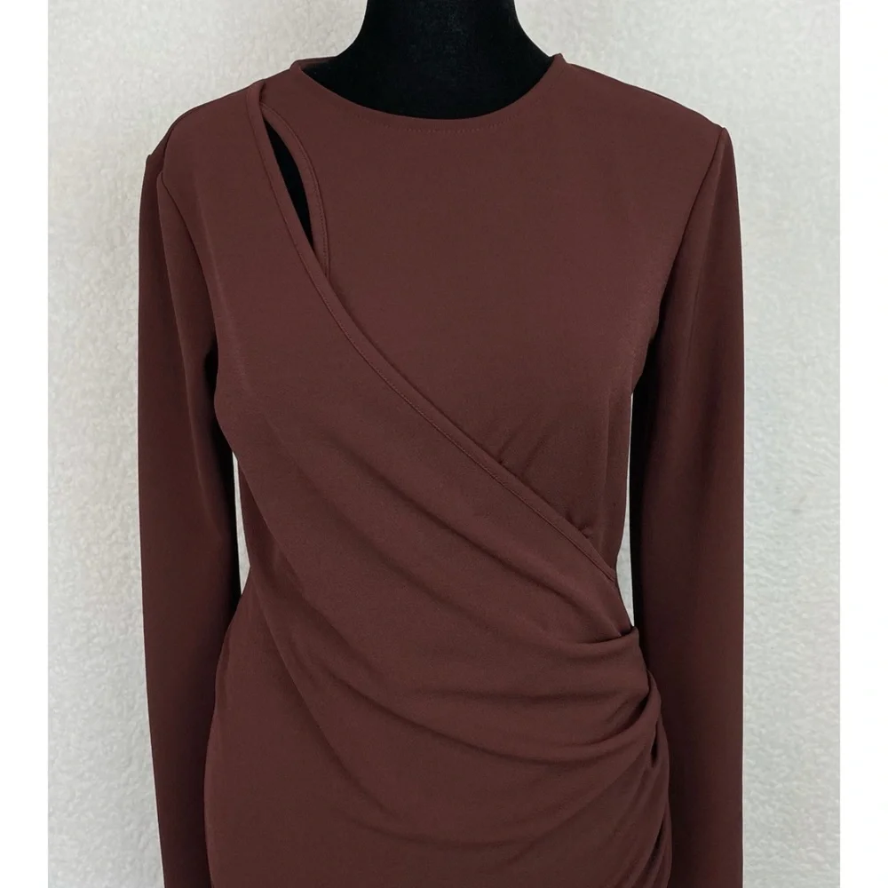 ZARA • Brown Keyhole Cutout Long Sleeve Bodycon Mini Dress, M - Picture 6 of 16